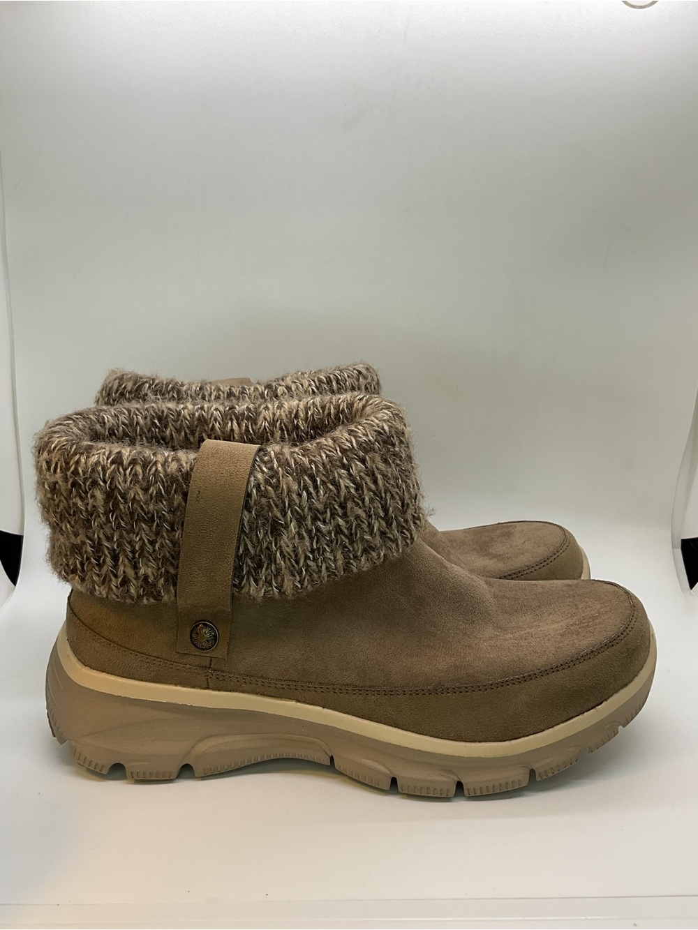 Skechers Women's Tan Suede Ankle Boots with Knit Cuff